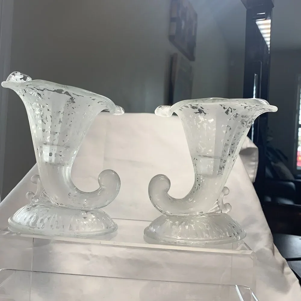 Fenton San Toy Crystal Pair Cornucopias Candle Holders Frosted Etching VTG